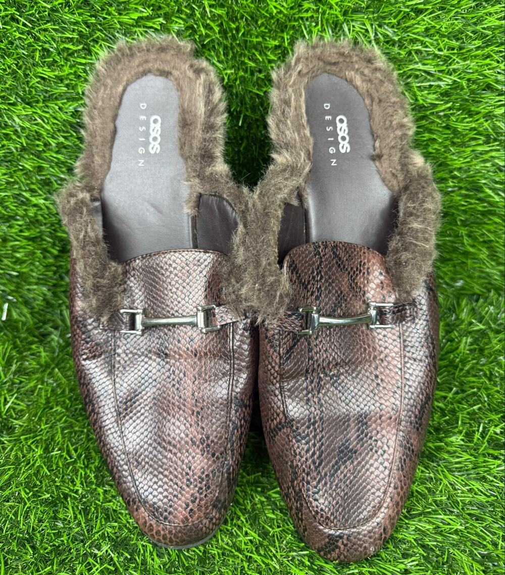 ASOS Design Men Mule Loafers Faux Snake Leather Fur Brown Silver Hardware 12W